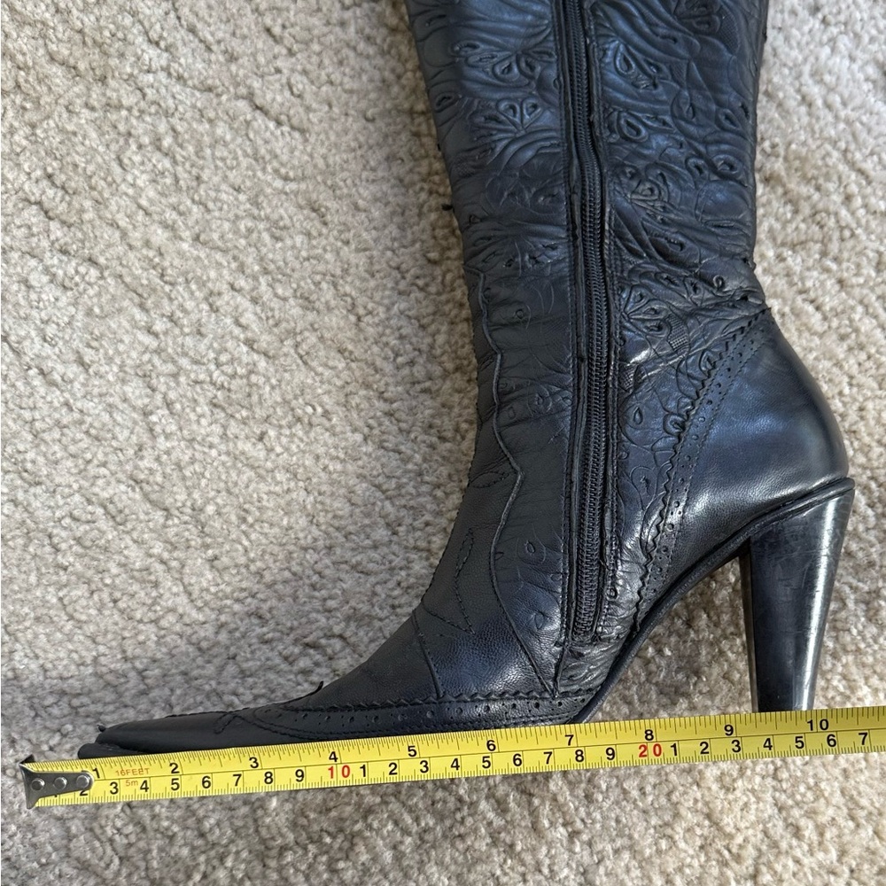 Genuine Leather Embroidered Black Tall Boots – Statement Heels - Picture 15 of 17